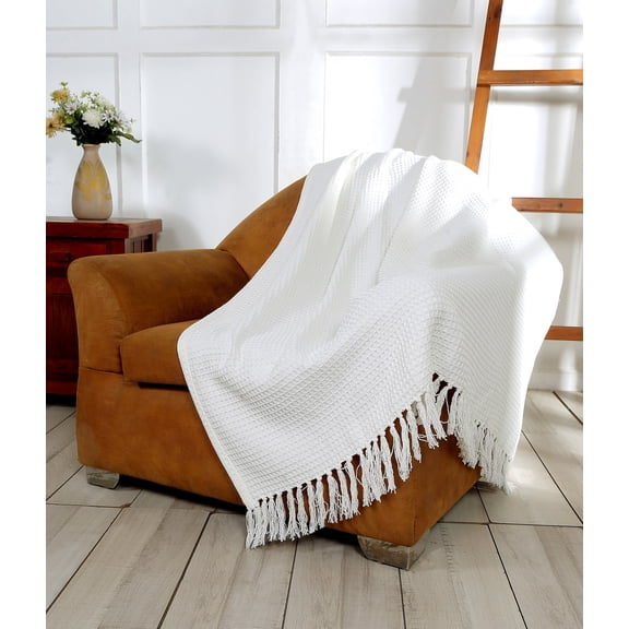 Luxurious Cozy All-Season Cotton Waffle Weave Throw Blanket with Fringes – Decorative Blanket for Couch, Bed & Sofa
