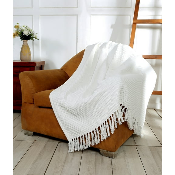 Luxurious Cozy Soft All Season Cotton Waffle Weave Throw Blanket with Fringes - 70x50 Inches