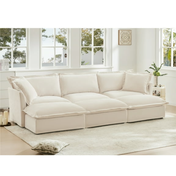 Luxurious Cream Chenille 3-Seater Sofa with 3 Ottomans | Oversized Sleeper Bed for Living Room & Home Theater | Soft, Removable Covers, Sturdy Wood Frame | Comfortable, Flexible Seating