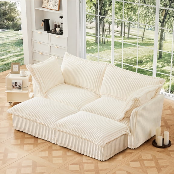 Slipcovered Sofa 2 Seater Sofa With 2 Ottomans 2 Seater Sleeper Sofa Bed Home Theater Oversized Sofa For Living Room Corduroy Cream