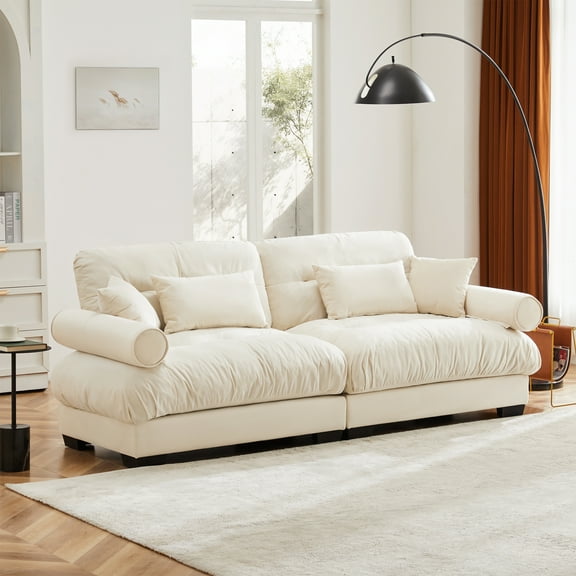 Luxurious Cream Velvet 2-Seater Sofa with Bolster Armrests & Pillows | Modern, Comfortable Cloud-Like Seating | Ideal for Living Room, Loft, Office, Hallway, Bedroom