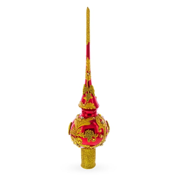Luxurious Crimson Red with Golden Glitter Glass Christmas Tree Topper