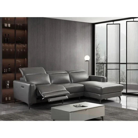 Luxurious Dark Gray Leather RHF Sectional Sofa with Single Power Recliner + USB, Modern Glam Living Room L-Shaped Recliner Sofa