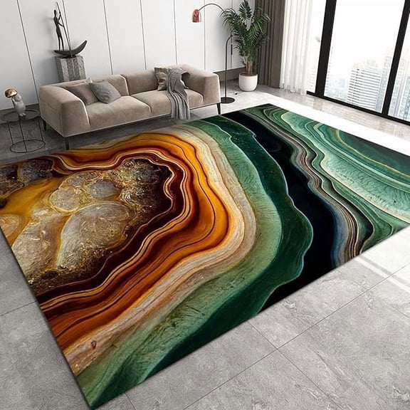 Luxurious Dark Green Yellow Texture Area Rug, Modern Old Orange Marble Large Rugs, with Anti-Slip Backing Washable Indoor Carpet for Living Room Bedroom Study Dining Room 2 x 3ft