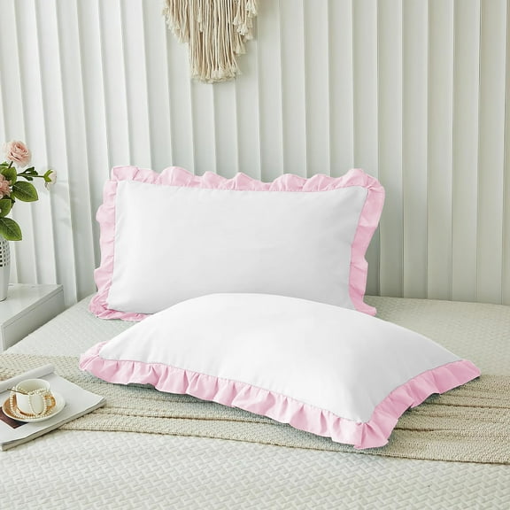 Grace Linen Dual Tone Ruffle Pillow Shams Standard King Size Set of 2, 20X36 -Smooth Soft & Breathable - Decorative Pillowcases 20X36 - (White-Baby Pink)