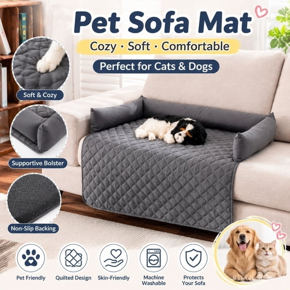 Luxurious Dog Couch Bed, Washable Checkered Calming Dog Couch Cover, Removable Couch Protector for Dogs & Cats, Washable Sofa Bed with Bolster, Protector for Sofa, Bed & Car Seat(29.5"x29.5")