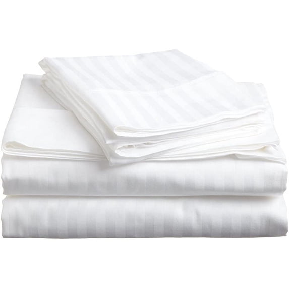 Luxurious Egyptian Cotton Sateen Weave 600-Thread Count 4-PCs Sheet Set Fits Easily Fit upto 15" Inch Deep Pockets Stripe Pattern ( Twin, White )