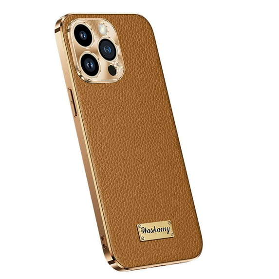 Luxurious Electroplated Case for iPhone 13 Pro, Cowhide Leather Full Coverage Protective Basic Plating Bumper Frame Shockproof Anti-falling Phone Case for iPhone 13 Pro, Brown