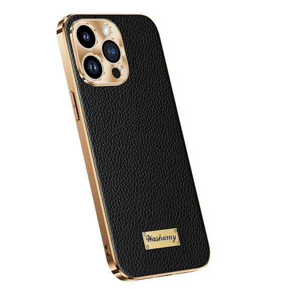 Luxurious Electroplated Case for iPhone 13 Pro Max, Cowhide Leather Full Coverage Protective Basic Plating Bumper Frame Shockproof Anti-falling Phone Case for iPhone 13 Pro Max, Black