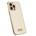 thumbnail image 1 of Luxurious Electroplated Case for iPhone 14 Pro, Cowhide Leather Full Coverage Protective Basic Plating Bumper Frame Shockproof Anti-falling Phone Case for iPhone 14 Pro, White, 1 of 6