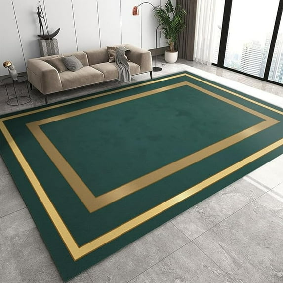 Luxurious Emerald Green Area Rug, Gold Line Border Indoor Non Slip Print Rugs, Machine Washable Carpet For Living Room Bedroom Study Office Kitchen Dining Room Decor Floor Mat 4x5ft