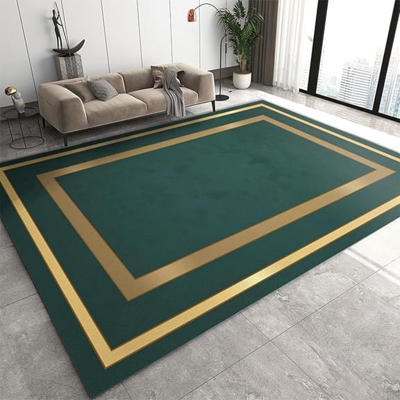 Luxurious Emerald Green Area Rug, Gold Line Border Indoor Non Slip Print Rugs, Machine Washable Carpet For Living Room Bedroom Study Office Kitchen Dining Room Decor Floor Mat 1x2ft