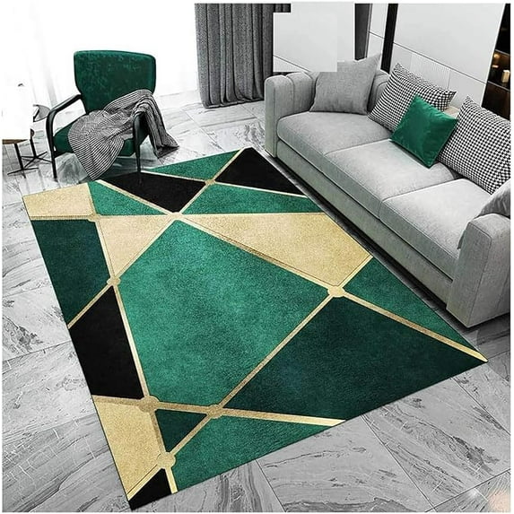 Luxurious Emerald Green Black Gold Irregular Area Rugs, Modern Golden Abstract Geometric Lines Indoor Non-Slip Kids Rugs For Sofa Living Room Bedroom Home Decor Floor Mats 3' x 5'