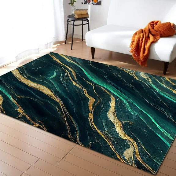 Luxurious Emerald Green Marble Area Rug, Modern Abstract Gilt Texture Art Machine Washable Indoor Rugs, for Room Sofa Living Room Mat Bedroom Home Decor Floor Mats 2' x 3'