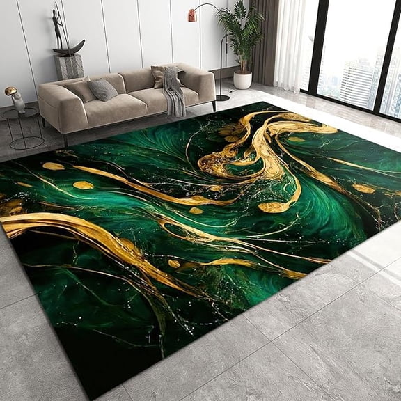 Luxurious Emerald Green Marble Area Rug, Modern Gilt Ink Texture Indoor Rugs, with Anti-Slip Backing Washable Large Carpet for Room Sofa Living Room Bedroom Home Decor Floor Mats 2 x 3ft