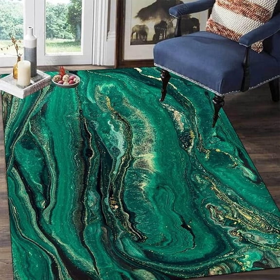 Luxurious Emerald Marble Swirl Area Rugs, Modern Abstract Gilt Bedroom Decorative Rug, With Anti-Slip Easy Clean Carpet For Living Room Bedroom Kitchen Dining Room Home Office 4 x 6ft