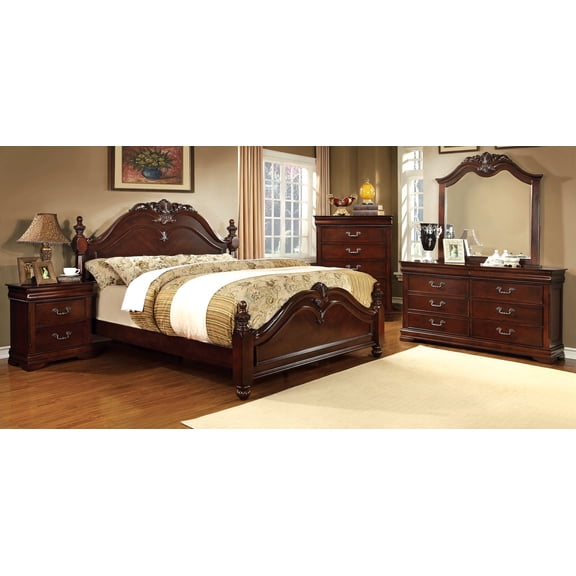 Luxurious English Style Cherry Finish 4pc Set California king Size Bed Dresser Mirror Nightstand Bedroom Furniture Unique Traditional Look