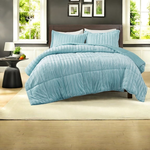 Luxurious Faux Fur Bedding Sets Teal Blue Polyester Comforter for Modern Home