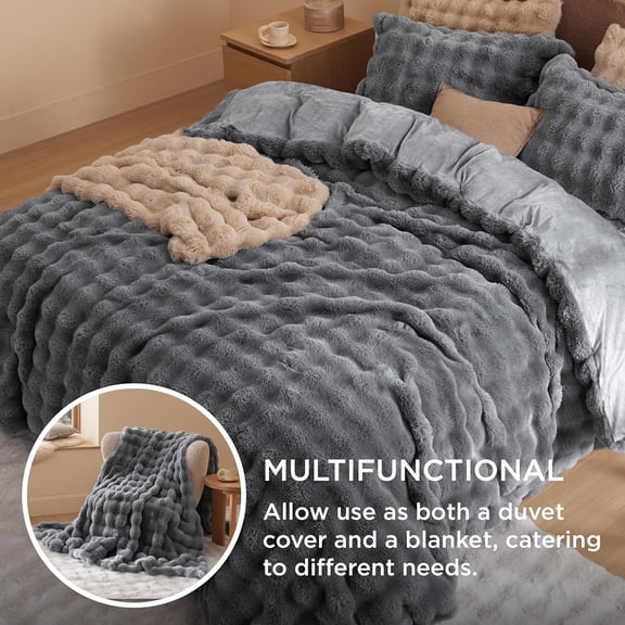 Luxurious Faux Fur Duvet Cover Queen Size Set - Grey
