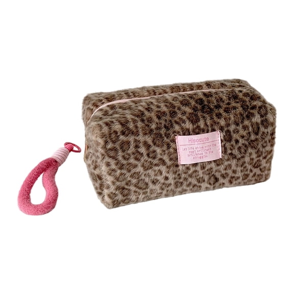 Luxurious Faux Hair Makeup Case Double Handle Design Large Capacity Leopard Print Cosmetic Pouch For Women Essential
