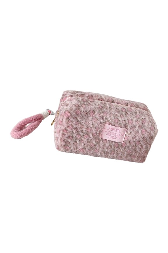 Luxurious Faux Hair Makeup Case Double Handle Design Large Capacity Leopards Print Cosmetic Pouches For Women Essential
