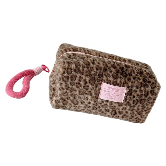 Winter Themed Leopards Cosmetic Storage Bag Soft Plush Materials Sturdy Zippers Closure Portable Toiletry Organizers For Travel