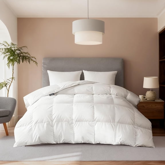 Luxurious Feather and Down Comforter Duvet Insert Full/Queen Size, Cotton Cover, Quilts, 56 oz Fill Weight, All Season Medium Warmth 88 x 88 Inch White
