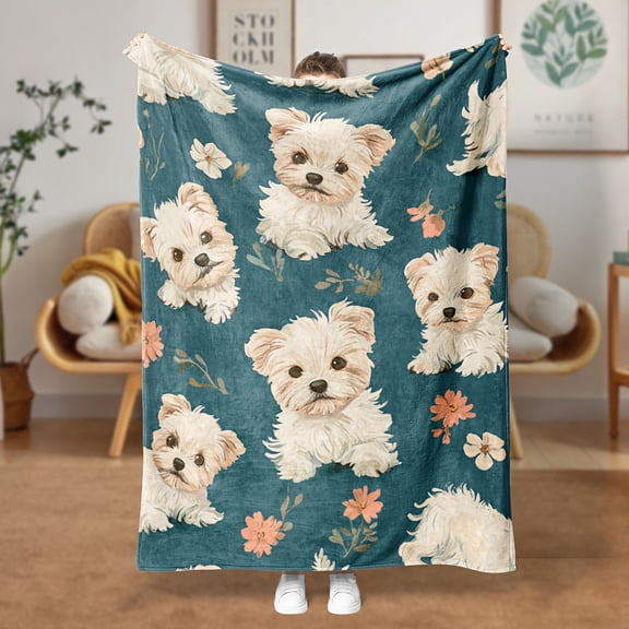 Luxurious Flannel Blanket with Adorable Puppy & Floral Pattern Soft Easy-Care All-Season Comfort for Bed Sofa Office & Camping Cozy Teal Throw for Dog Lovers