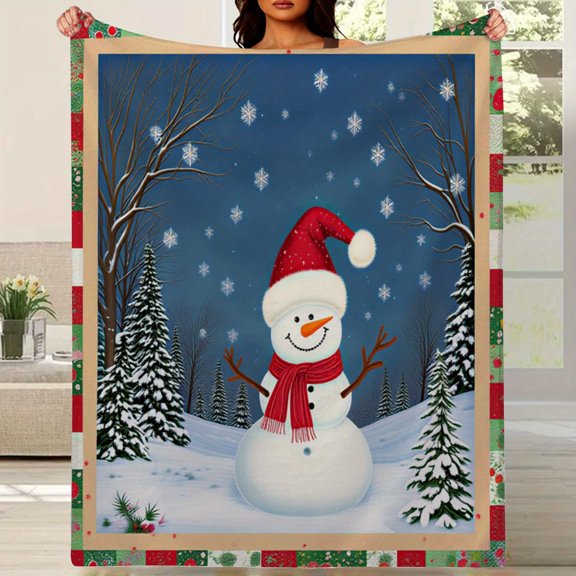 Luxurious Flannel Blanket - All-Season Soft Polyester Winter Snowman and Snow Forest Design Modern Bedding Essential