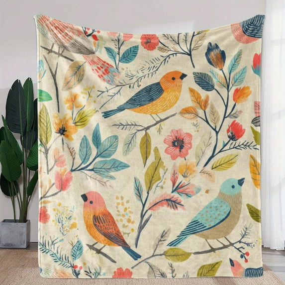 Luxurious Fleece Blanket - Soft and Warm All-Season Plush Bedspread with Vintage Colorful Bird and Floral Print