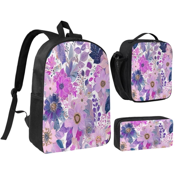 Luxurious Floral Pattern Backpack 17 Inch Set with Lunch Bag and CaseDurableTravel Bag Combo for Work Commuting Daily Use