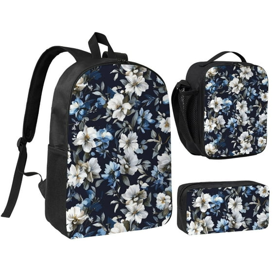 Luxurious Floral Pattern Backpack 17 Inch Set with Lunch Bag and CaseDurableTravel Bag Combo for Work Commuting Daily Use