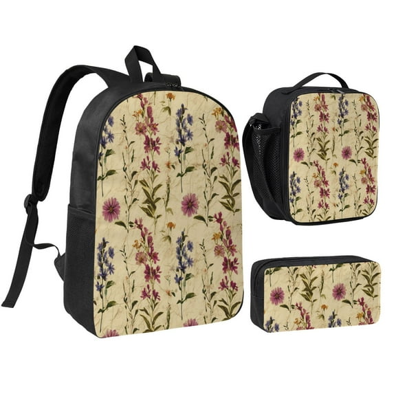 Luxurious Floral Pattern Backpack 17 Inch Set with Lunch Bag and CaseDurableTravel Bag Combo for Work Commuting Daily Use