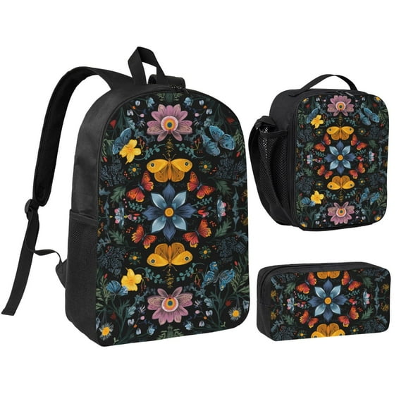 Luxurious Floral Pattern Backpack 17 Inch Set with Lunch Bag and CaseDurableTravel Bag Combo for Work Commuting Daily Use
