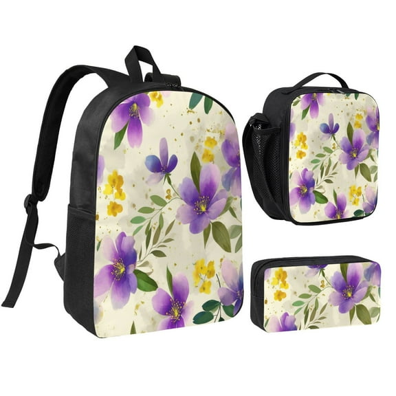 Luxurious Floral Pattern Backpack 17 Inch Set with Lunch Bag and CaseDurableTravel Bag Combo for Work Commuting Daily Use