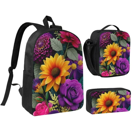 Luxurious Floral Pattern Backpack 17 Inch Set with Lunch Bag and CaseDurableTravel Bag Combo for Work Commuting Daily Use