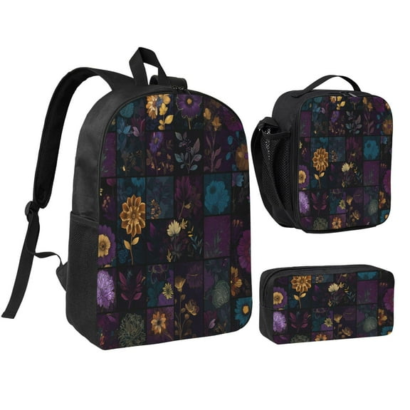 Luxurious Floral Pattern Backpack 17 Inch Set with Lunch Bag and CaseDurableTravel Bag Combo for Work Commuting Daily Use