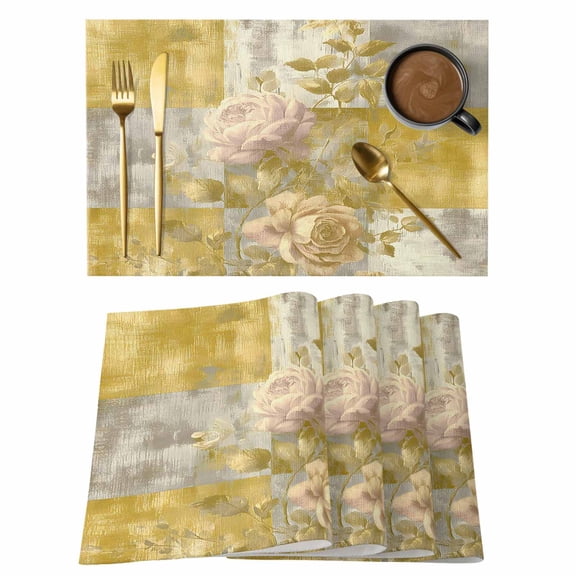 Luxurious Floral Placemats Set of 12 Modern Abstract Plants Flower Patchwork Gold Place Mats Indoor Wipeable Table Mats Washable Dining Table Placemats for Kitchen Holiday Party Home Decor 13x19 Inch