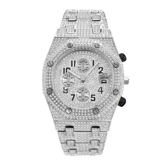 Luxurious Full Rhinestone Accent Quartz Watch - Round Dial, Analog Quartz Movement, Elegant Men's Wristwatch with Timeless Style - Perfect for Formal Occasions