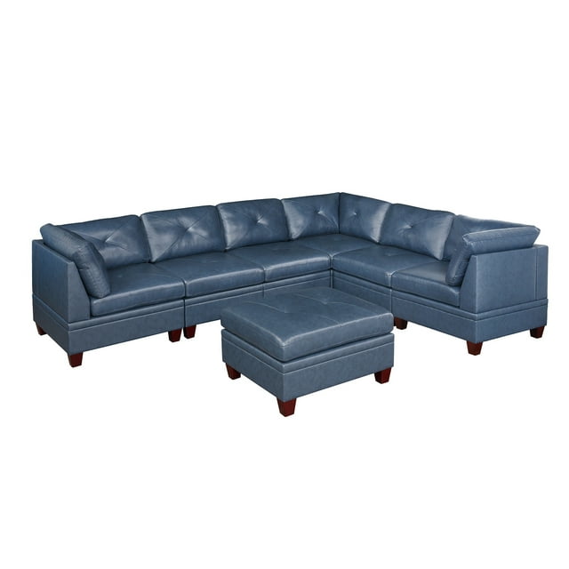 Luxurious Genuine Leather Grey Tufted 8pc Sectional Living Room
