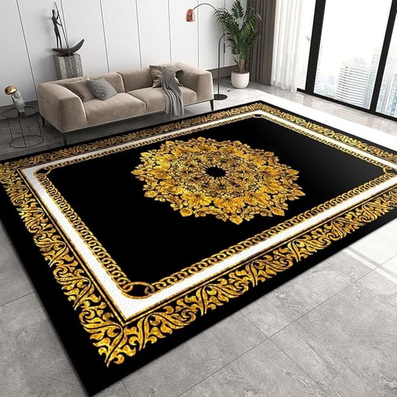 Luxurious Geometric Black Gold Greek Pattern Area Rug, Abstract Golden Geometric Floral Art Decorative Rug, For Room Sofa Living Room Mat Bedroom Home Decor Floor Mats 1x2ft