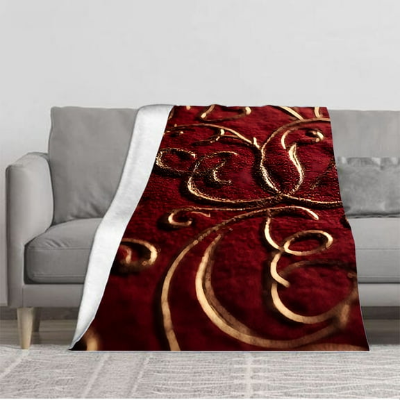 Luxurious Gold Swirl Pattern Flannel Blanket - Soft Cozy and Warm for Sofa Travel Bed and Chair - Elegant Red Background Design