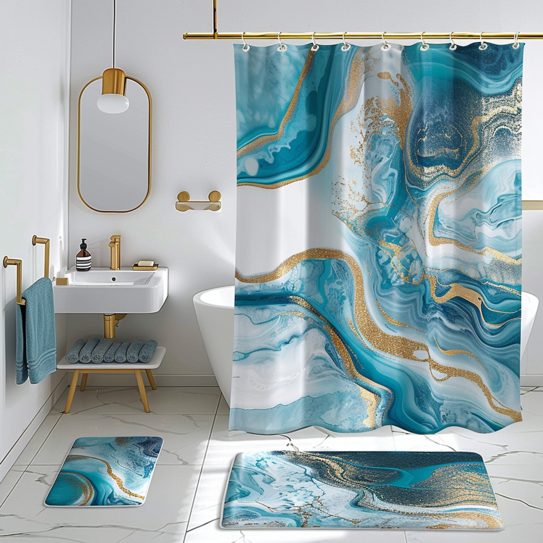 Luxurious Golden Blue Marble Bathroom Set with Glittering Gold Accents