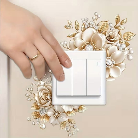 Luxurious Golden Floral Switch Stickers - Self-Adhesive Pearl Rhinestone Flower Decals for Elegant Home Decor
