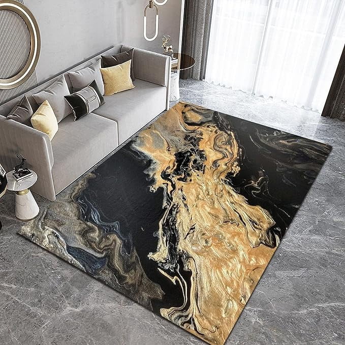 Luxurious Golden Ink Texture Area Rug, Abstract Black Gold Marble ...