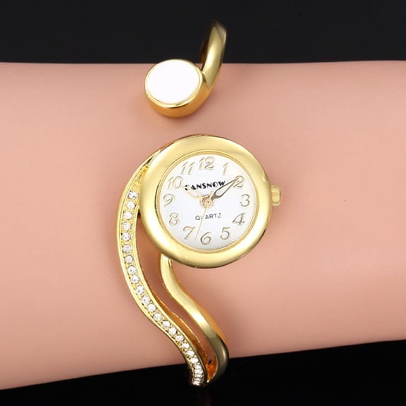 Luxurious Golden Twisted Cuff Watch Adorned with Shimmering Stones