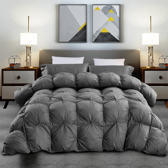 Luxurious Goose Down Feather Fiber Comforter King Size All-Season Duvet Insert, Premium Baffle Box, 100% Egyptian Cotton Cover, 75 oz Fluffy Fill Weight - Gray Pinch Pleat