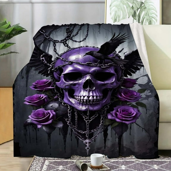 Luxurious Gothic Skull Crow & Roses Flannel Throw Blanket Dark Purple & Black Design Soft & Cozy for All Seasons Perfect Halloween Gift Stain-Resistant for Couch Bed
