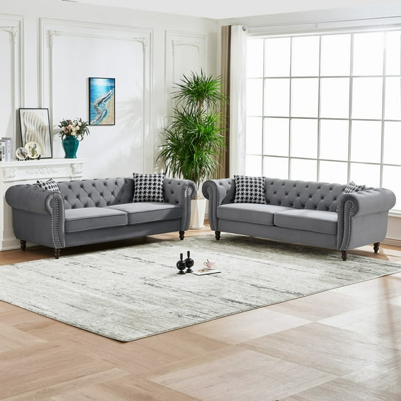 Luxurious Gray Velvet Chesterfield Sofa - 6-Seater, Roll Armrest, Nailhead Trim, Solid Wood Frame, High-Density Foam - Elegant Mid-Century Modern Couch for Living Room & Apartment