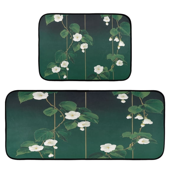 Luxurious Green Floral 2-Piece Kitchen Carpet Mat Set, Non-Slip Memory Foam, Soft for Kitchen and Living Room Use